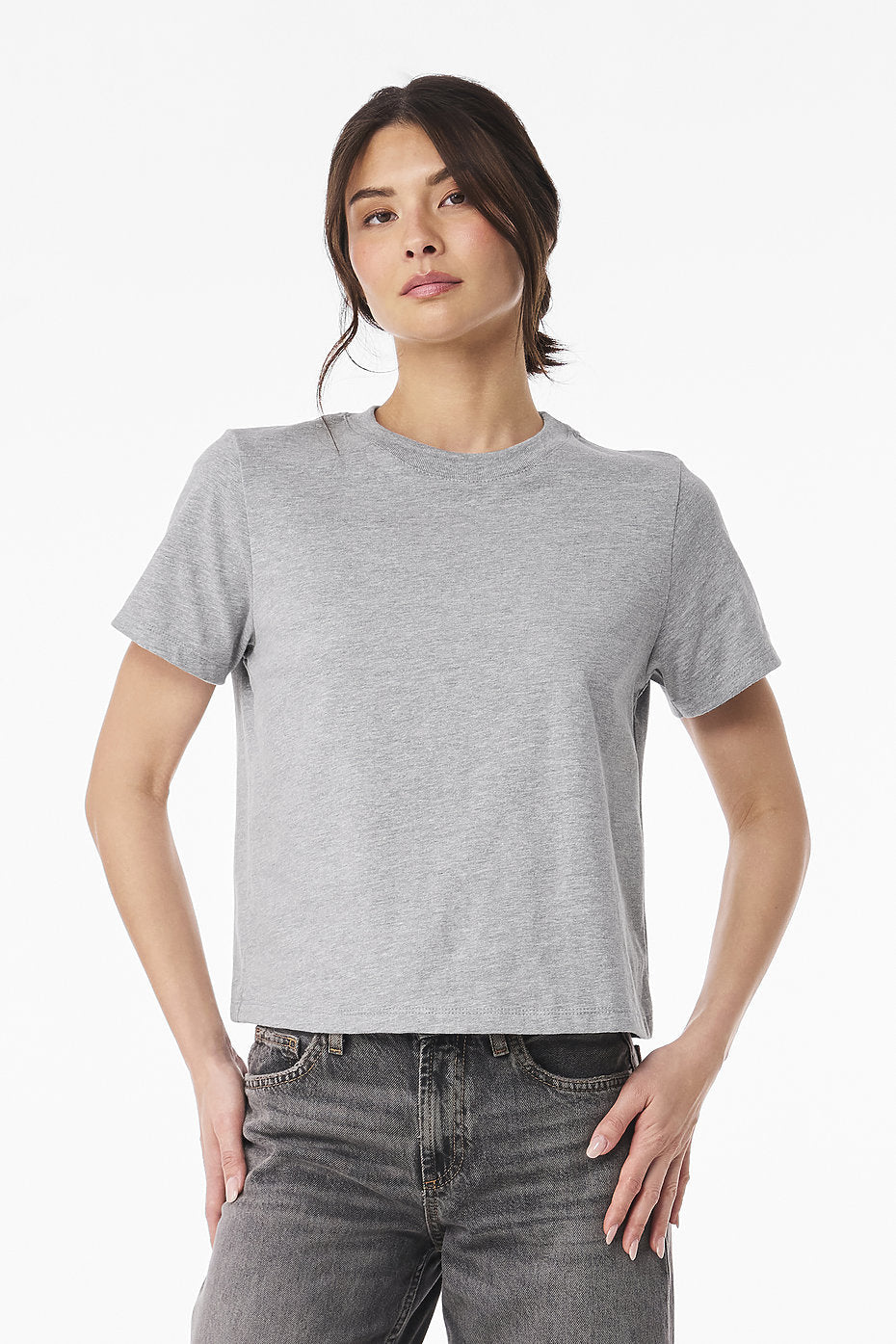 Women's 6 oz Heavyweight Tee in grey with boxy fit and set-in sleeves on model