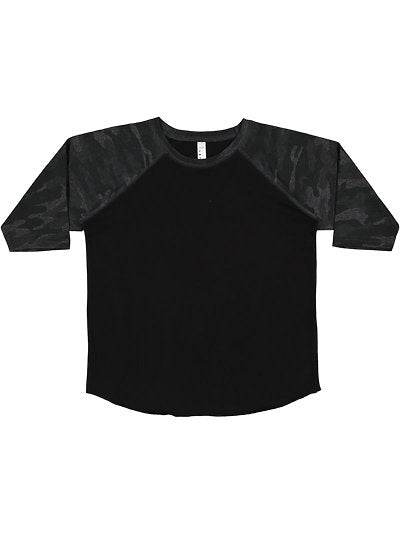 Youth baseball tee with raglan sleeves and camouflage pattern on black body, youth unisex athletic shirt