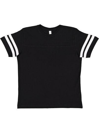 Black youth football tee with white sleeve stripes and coverstitched yoke, made of combed ringspun cotton for comfort.