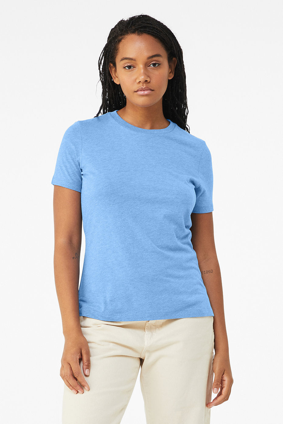 Women's Relaxed Heather CVC short sleeve crew neck t-shirt in light blue with relaxed fit