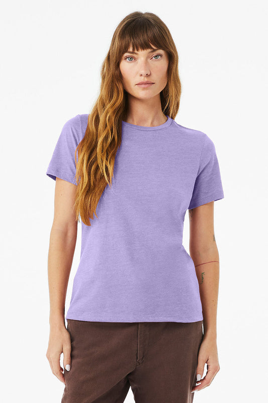 Women's relaxed heather CVC short sleeve tee in lavender with crew neck and casual fit