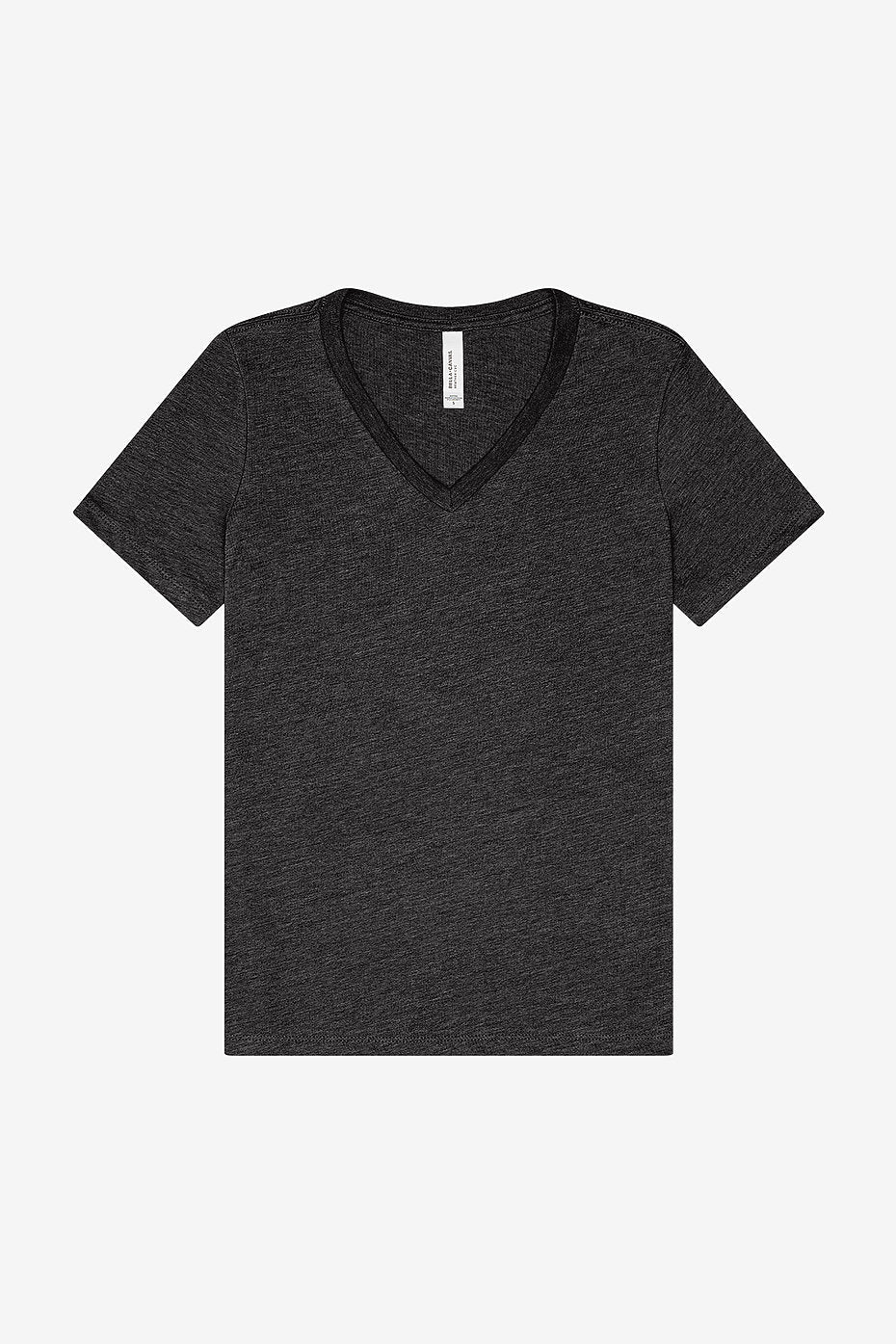 Women's relaxed heather black V-neck short sleeve tee by Bella+Canvas 6405 CVC
