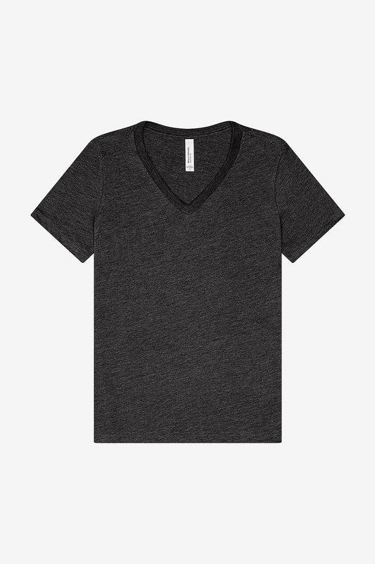 Women's relaxed heather black V-neck short sleeve tee by Bella+Canvas 6405 CVC