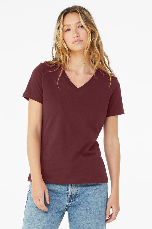women's relaxed jersey short sleeve v-neck tee burgundy on model with jeans