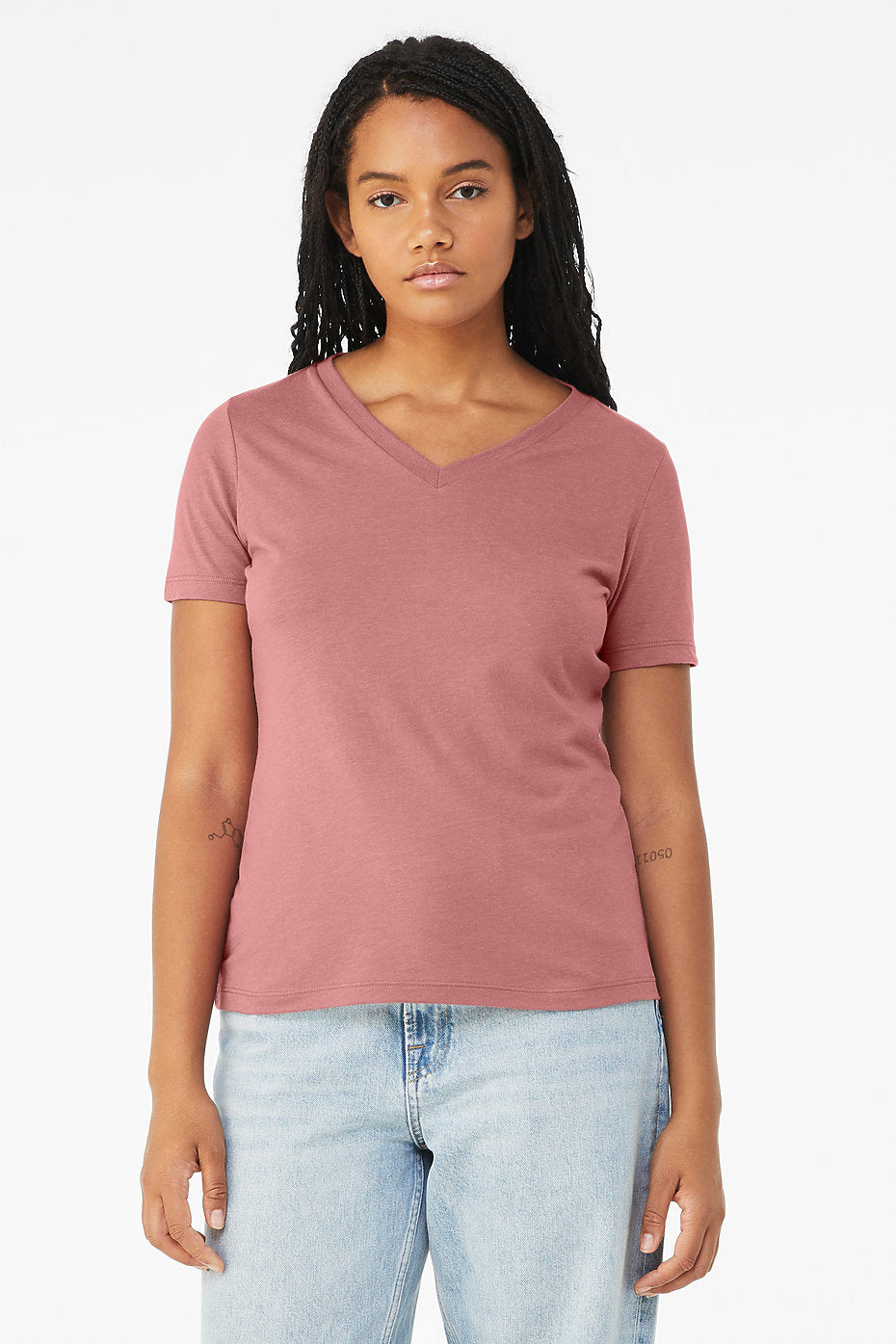 Women's relaxed triblend short sleeve V-neck tee Bella+Canvas 6415 in dusty rose color worn with light blue jeans
