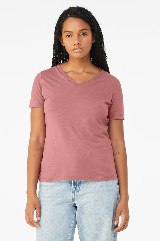 Women's relaxed triblend short sleeve V-neck tee Bella+Canvas 6415 in dusty rose color worn with light blue jeans