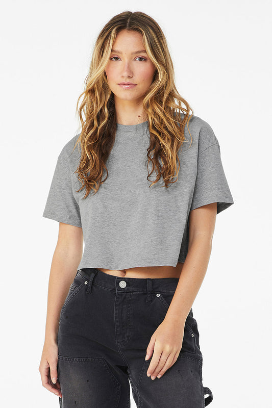 Woman wearing grey womens jersey crop tee with oversized sleeves and relaxed fit