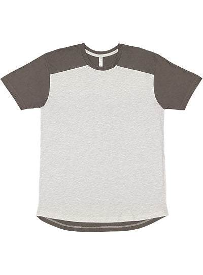 Unisex forward shoulder tee with contrast sleeves and back panel in soft combed ringspun cotton