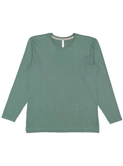 Unisex long sleeve fine jersey tee in green with crew neck and side vent hem