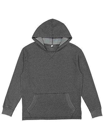 Unisex hooded pullover vintage wash fleece hoodie in charcoal gray with kangaroo pocket and ribbed cuffs