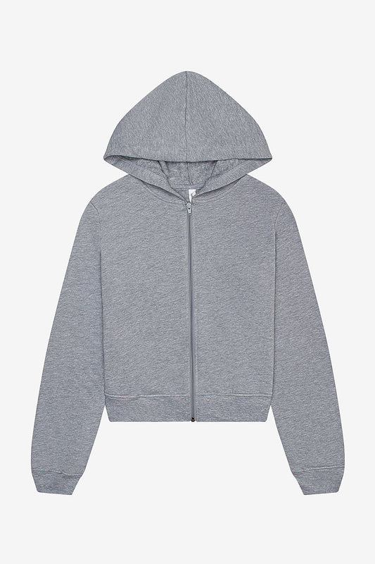 Women's full zip hoodie in gray mid-length fleece with hood and full zipper