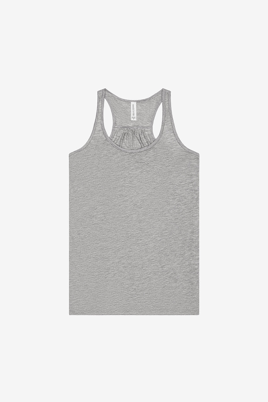 Women's flowy racerback tank top in gray with soft poly-viscose blend and draped silhouette