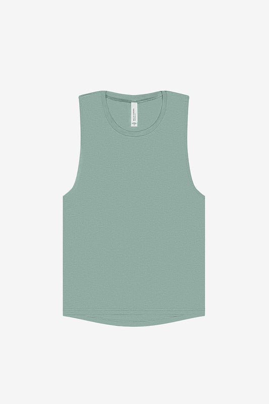 Womens flowy scoop muscle tank in green with relaxed drapey fit and curved hem