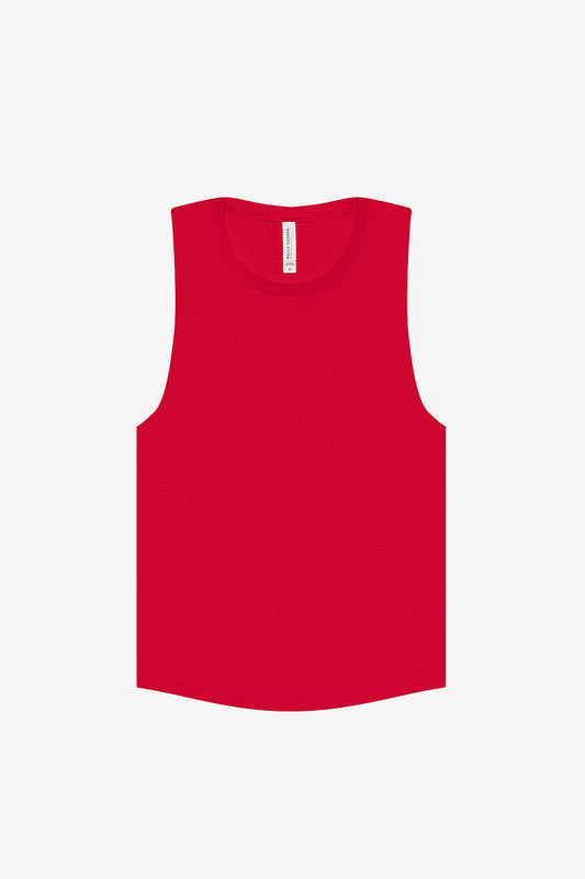 Womens red flowy scoop muscle tank top with relaxed fit and curved hem