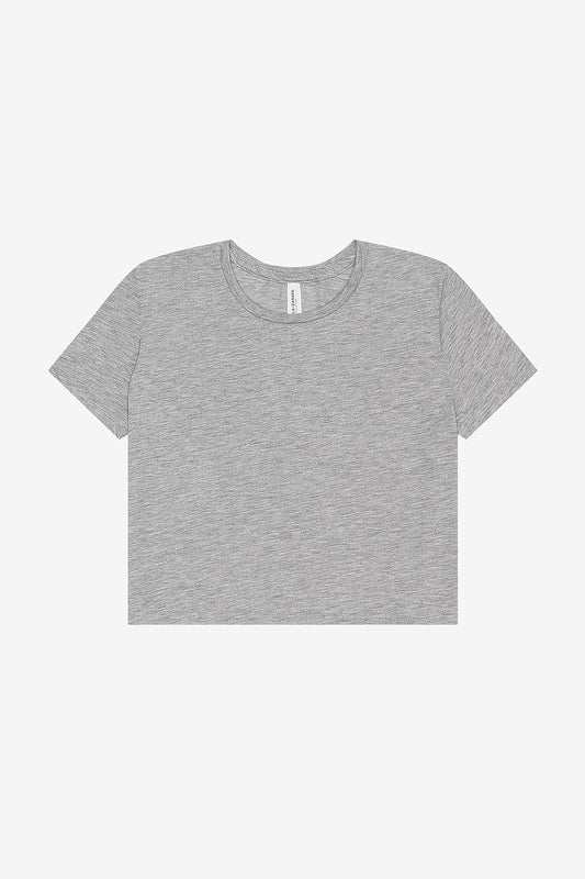 Women's flowy cropped tee in heather gray with modest crop and tailored sleeves