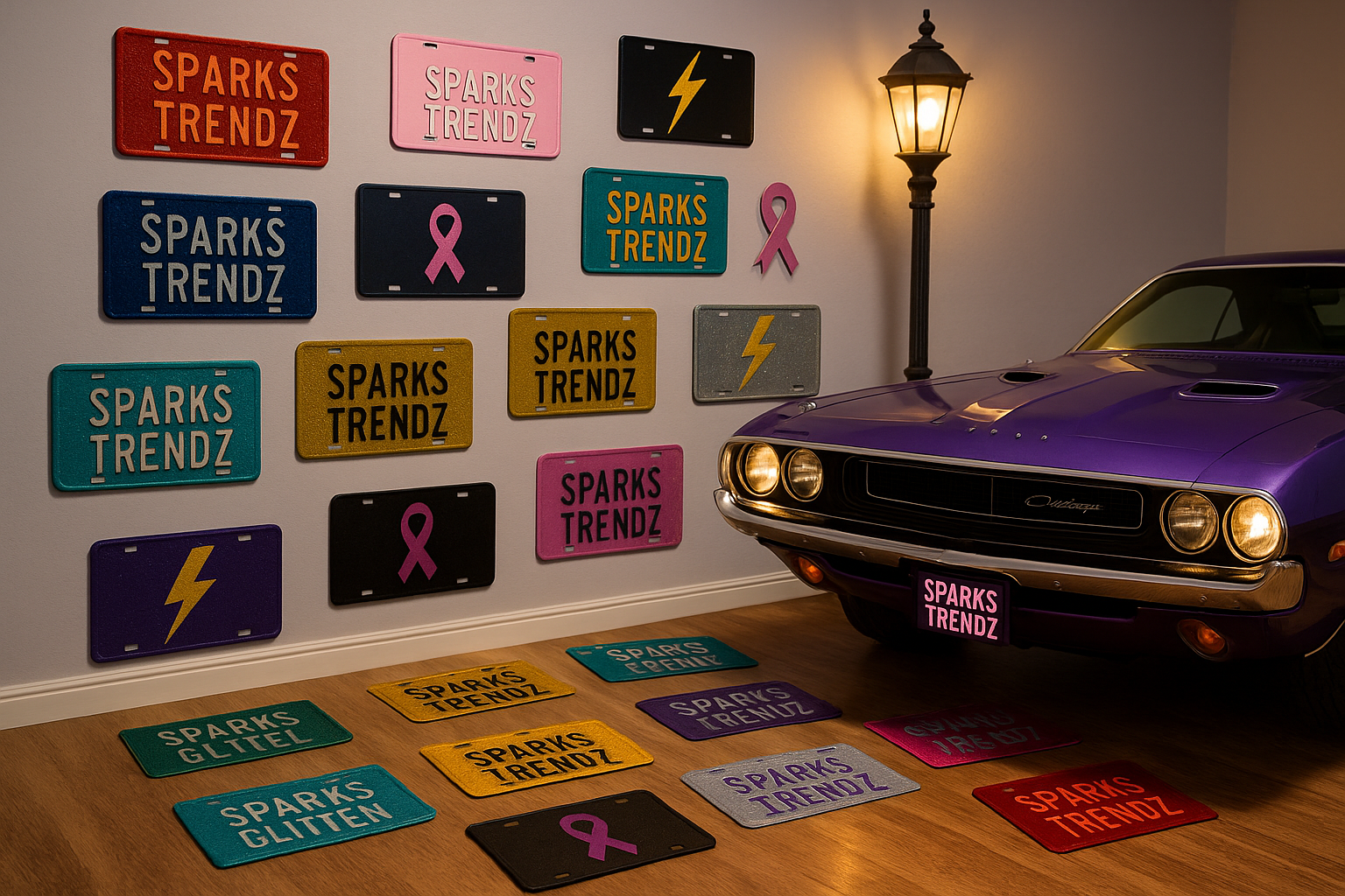 License plates with Sparks Trendz imprinted on them several of them around a room different colors some with glitter some with images of cancer ribbons some with lightening bolts put a street lamp a 1970 challenger in the photo crazy plumb purple in color with the Sparks Trendz neon license plate